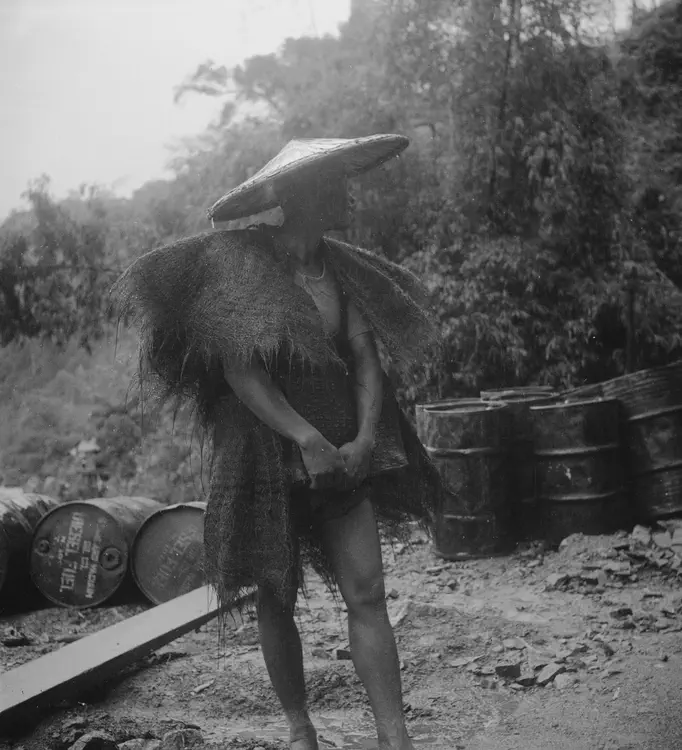 Salacot Mine & Angat River, Bulacan. Sept. 1, 1934. Palm fiber rain coat. Panatomic 6 x 6.