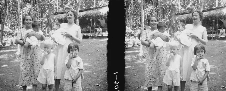 Mt. Makiling, Laguna, 1932. 'Forest camp, Puttinglupa, Mt. Makiling. Philippines. Anne [Pendleton], Mrs. Manresa, Tombo, & others.'